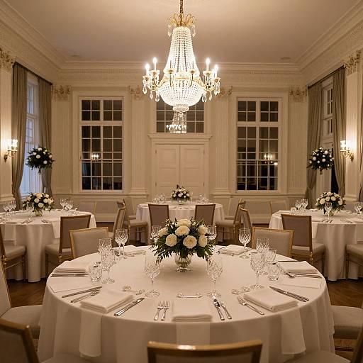 Photograph of an elegant, chandelier-lit banquet room with round white-clothed tables, floral centerpieces, crystal glasses, and beige chairs