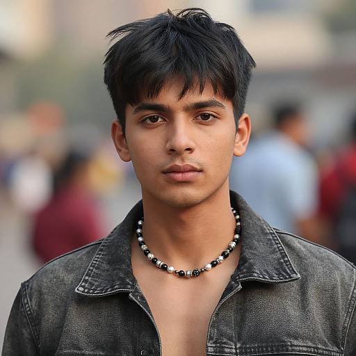 Photograph of a young, dark-haired Indian man with medium brown skin, wearing a black beaded necklace and denim shirt, standing in a blurred urban