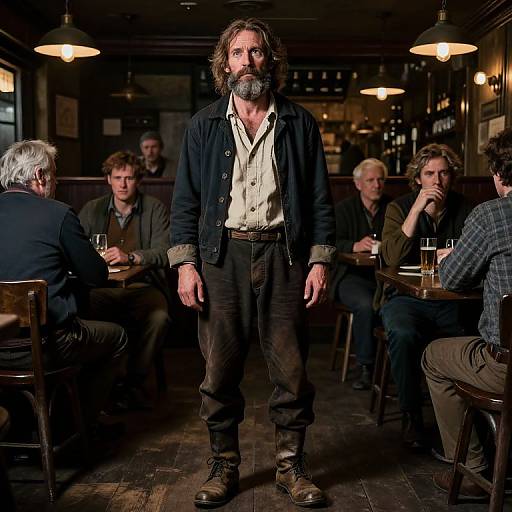 Photograph of a rugged, bearded man with long hair, wearing a black jacket and beige shirt, standing in a dimly lit, cozy pub