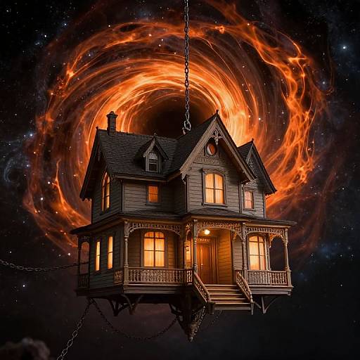 Digital illustration of a haunted Victorian house with glowing windows, suspended by chains, surrounded by a swirling vortex of fiery orange and black cosmic background.