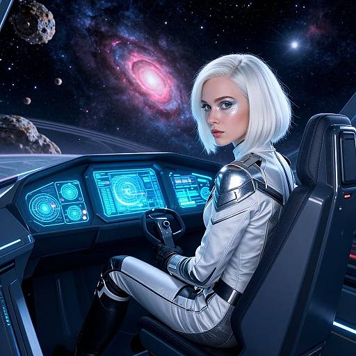 Young Woman in Futuristic Spaceship Cockpit