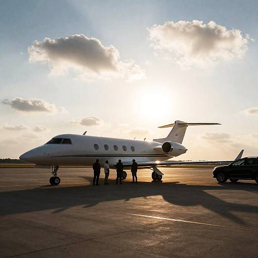 Private Jet on Sunlit Tarmac with People and SUV