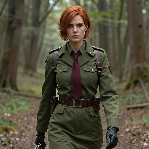 Female Soldier in Military Uniform Walking in Forest