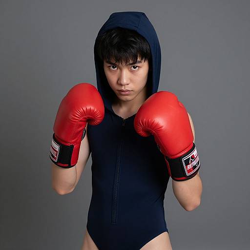 Photograph of an Asian male boxer with black hooded leotard, red boxing gloves, and intense expression against gray background.