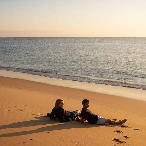 Photograph of two people, one with long hair and one with short hair, lying on a golden sandy beach at sunset, facing calm ocean waves.