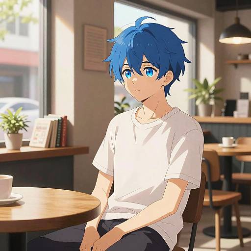 Anime-style drawing of a blue-haired, blue-eyed boy in a white t-shirt, sitting at a sunlit café table with a cup.