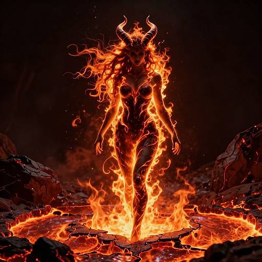 Photograph of a fiery, demonic figure with horns emerging from glowing lava, surrounded by intense orange flames against a dark background.