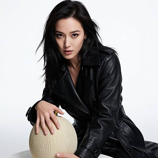 Photograph of a black-haired Asian woman in a black leather coat, leaning forward, gripping a textured white ball, against a white background.