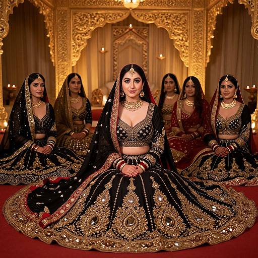Photograph of six Indian brides in ornate black and gold traditional dresses, seated in a luxurious, gold-arched room.