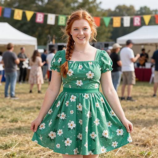 Photograph of a smiling red-haired woman with a braid, wearing a green floral dress, standing in a sunny outdoor festival with colorful flags and white