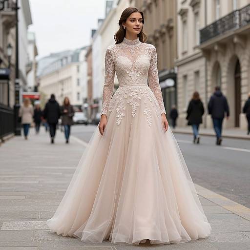 Photograph of a brunette woman in a white, lace and tulle, long-sleeved wedding gown walking down a city street with blurred pedestrians and