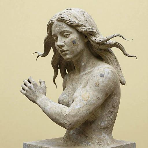 Photograph of a weathered, bronze statue of a topless, long-haired woman with closed eyes, hands clasped in prayer, against a beige