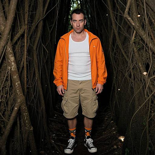 Photograph of a man with short dark hair, wearing an orange jacket, white tank top, beige cargo shorts, orange striped socks, and black sneakers