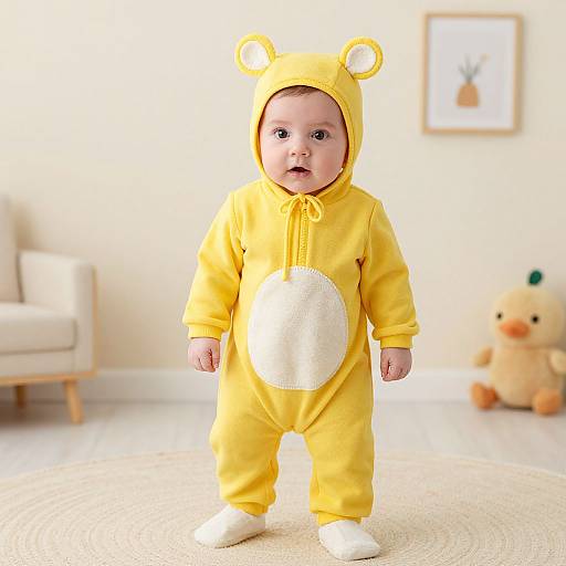 Photograph of a baby in a yellow bear-themed onesie with bear ears, standing in a bright, minimalist living room.