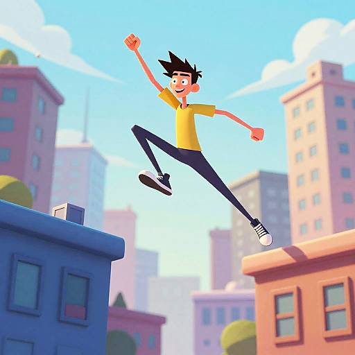 Dynamic Rooftop Leap in Stylized City