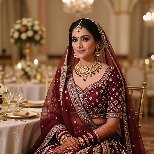 Photograph of a beautiful South Asian bride in a maroon embroidered saree with gold jewelry, sitting at an elegantly set banquet table.