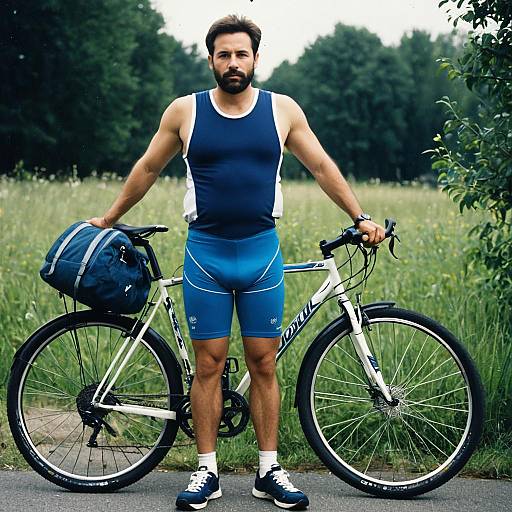 Man in Blue Bike Shorts with Bike