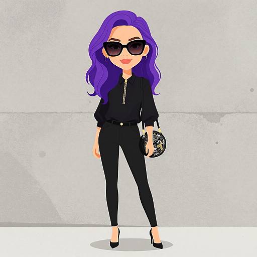 Digital illustration of a chic woman with purple hair, black sunglasses, black blouse, pants, and heels, holding a patterned clutch.