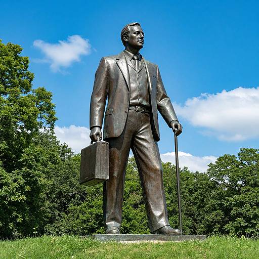 Photograph of a bronze statue of a suited man holding a briefcase and cane, standing on grass with a blue sky and green trees in the background