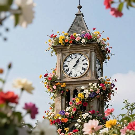 Photograph of a clock tower adorned with vibrant, multicolored flowers on its four sides and roof, set against a clear blue sky with blurred flower