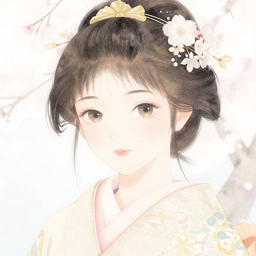 Digital anime-style portrait of a young woman with dark brown hair, adorned with a yellow bow and white flowers, against a soft, white background.