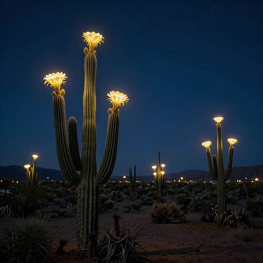 Photograph of a dark desert night with illuminated, glowing cactus tops against a deep blue sky, scattered streetlights visible in the background.
