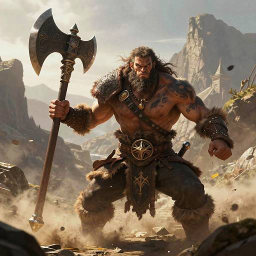 Muscular, bearded barbarian with fur loincloth and iron pauldrons, wielding a double-headed axe, stands in a dusty, rocky