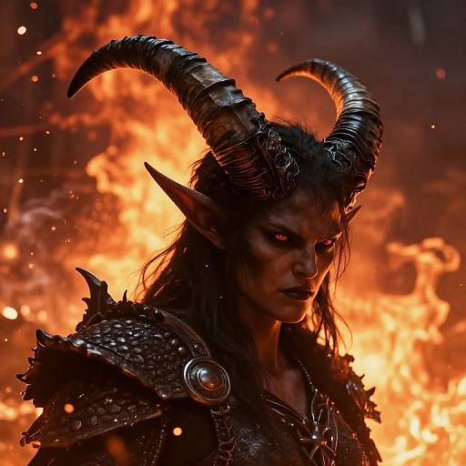 Photorealistic digital artwork of a dark-skinned, demonic warrior with glowing red eyes, large curved horns, and fiery orange background. Wearing spiked