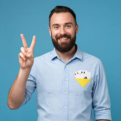 Cheerful Bearded Man Peace Sign