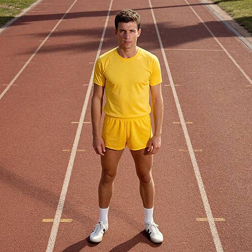 Photograph of a young man with short brown hair, wearing a bright yellow t-shirt and shorts, white socks, and white sneakers, standing on a