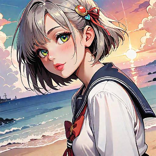 Anime Girl in School Uniform at Sunset Beach
