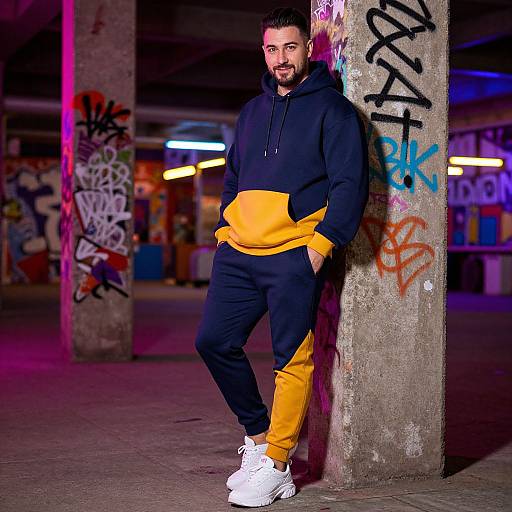 Photograph of a bearded man in a black and yellow hoodie, black and yellow track pants, white sneakers, leaning against a graffiti-covered concrete pillar