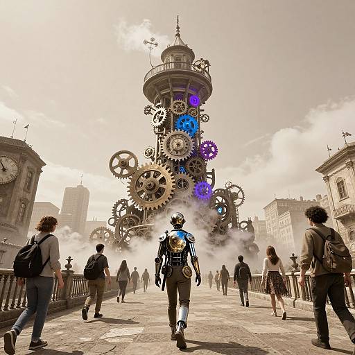 Photograph of a futuristic robot in the center of a bustling city square, with a towering clock tower adorned with large, glowing gears and gears, surrounded