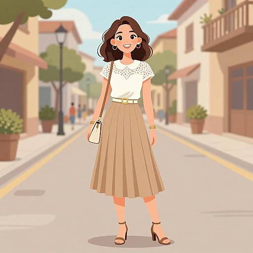 Digital illustration of a smiling woman with wavy brown hair, wearing a white lace top, beige pleated skirt, and sandals, standing on a sun
