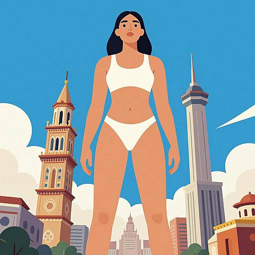 Digital illustration of a giant woman with tan skin, black hair, and white bikini standing in a cityscape with a tall tower and clock tower against a