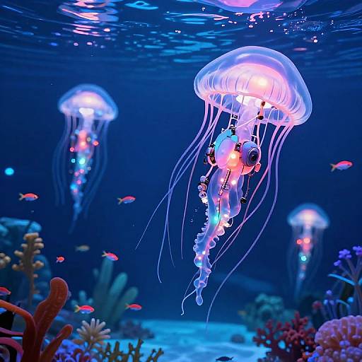 Futuristic Robotic Jellyfish in Underwater Dome