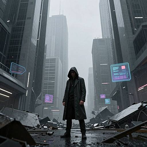 Digital artwork: Silhouetted figure in hooded, long black coat stands in ruined, neon-lit urban canyon with tall skyscrapers and