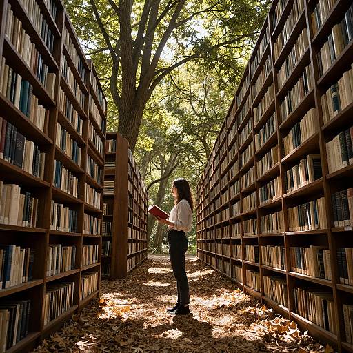 Photograph of a woman with long dark hair, white shirt, black pants, holding a red book, standing between tall library shelves, sunlit forest