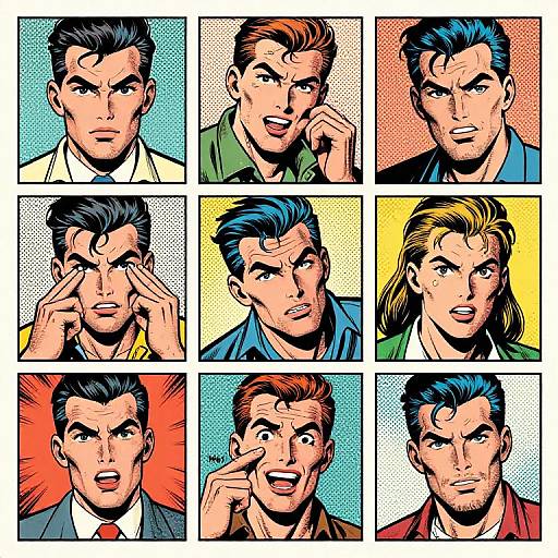 Comic-style drawing of nine different male characters with varied expressions, hairstyles, and colorful backgrounds, showcasing diverse facial emotions and styles.