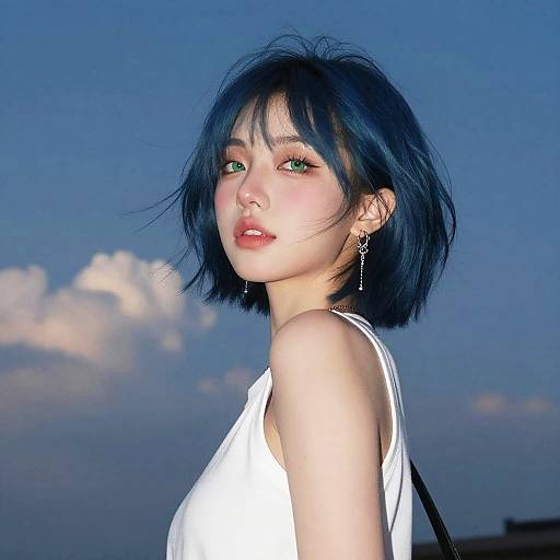 Blue-Haired Girl at Dusk — Ligne Claire