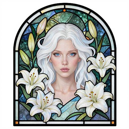 Digital painting of a pale-skinned woman with white hair, blue eyes, and blue dress, surrounded by white lilies in a stained glass style.