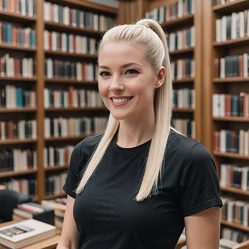 Joyful Blonde in Vintage Library Setting