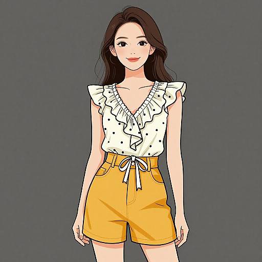 Smiling Woman in Polka-Dot Blouse and Shorts