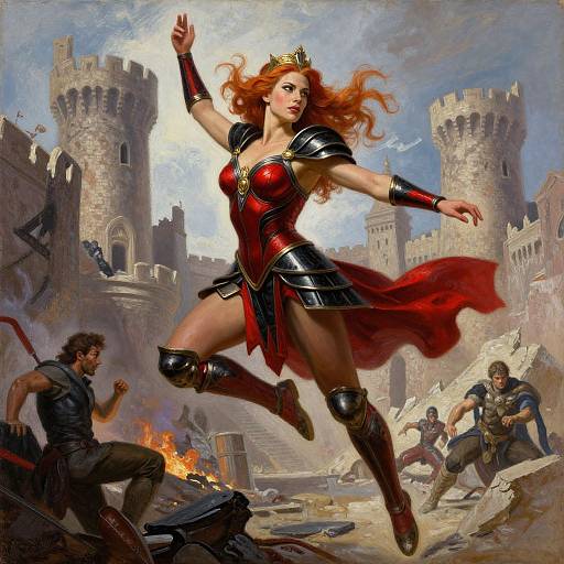 Digital painting of a red-haired, armored warrior queen with a golden crown, leaping amid a castle battle scene with burning debris.