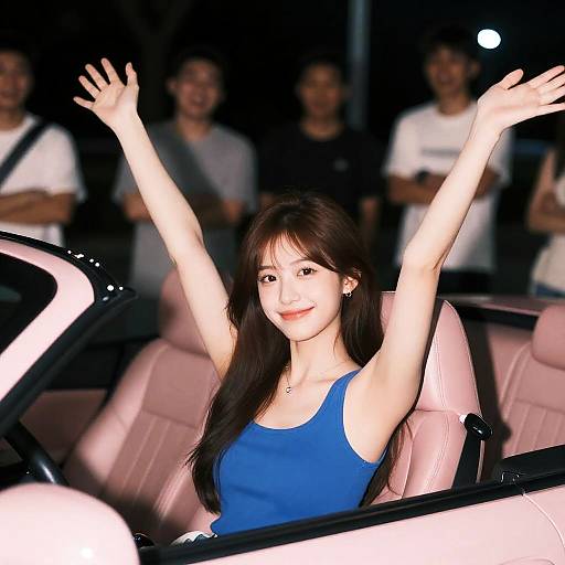 Joyful Young Woman in Pink Convertible