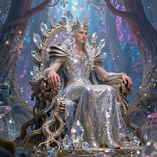 Digital fantasy artwork of a silver-haired queen in a glittering, crystal-embellished gown and crown, seated on a twisted, ornate throne