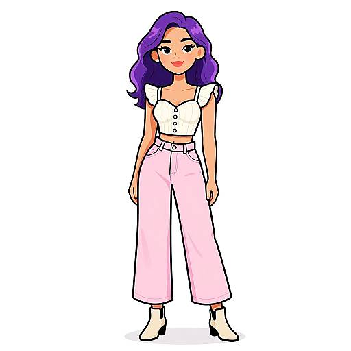 Digital illustration of a smiling woman with purple hair, wearing a white crop top, pink high-waisted pants, and white ankle boots.
