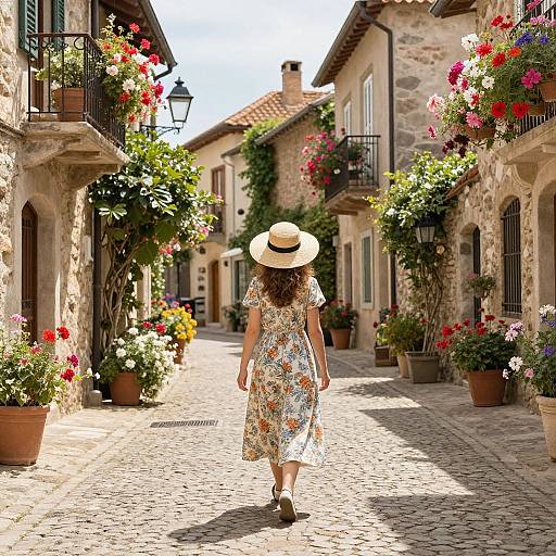 Woman Strolling in Quaint Village