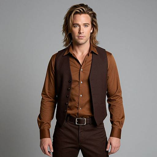 Photograph of a handsome, young Caucasian man with shoulder-length, layered brown hair, wearing a brown shirt, black vest, and black pants, standing