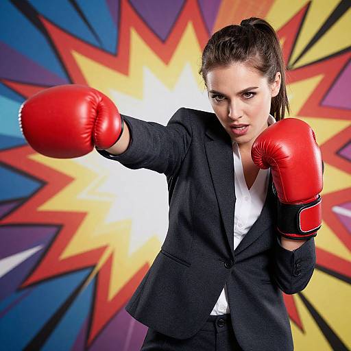 Photograph of a determined woman in a black suit and red boxing gloves, punching forward against a vibrant comic-style background.